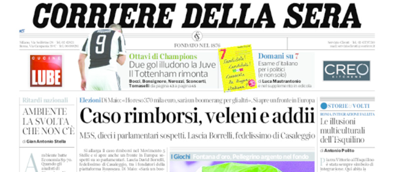 Le prime pagine dei giornali mercoledì 14 febbraio 2018