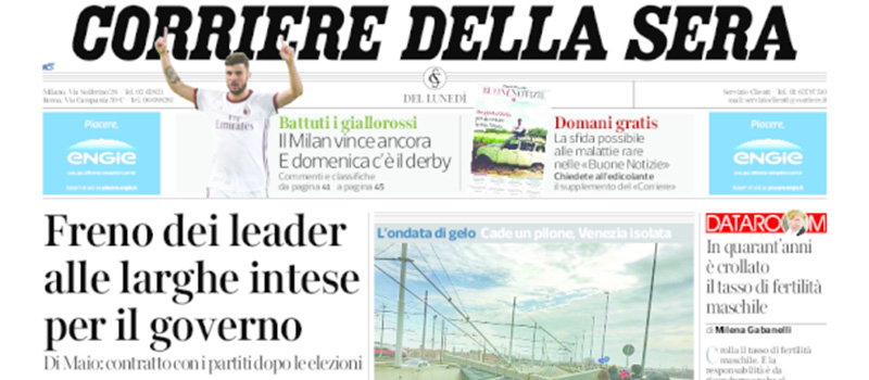 Le prime pagine dei giornali lunedì 26 febbraio 2018