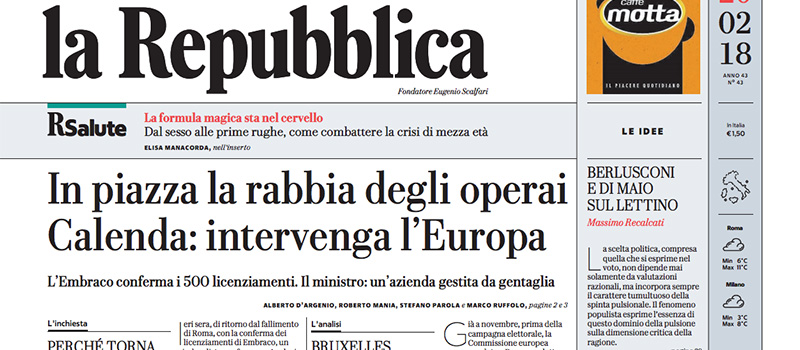 Le prime pagine dei giornali martedì 20 febbraio 2018