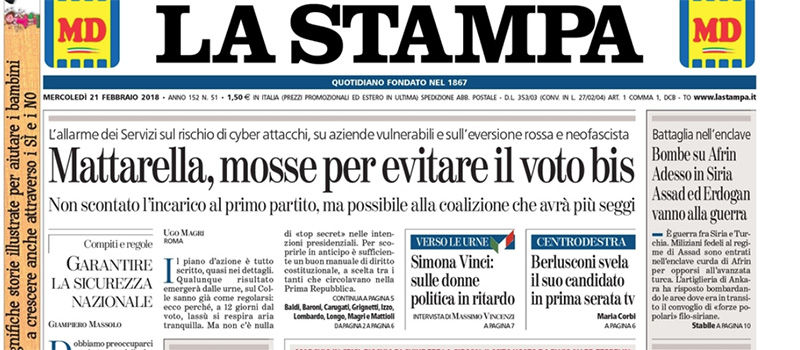 Le prime pagine dei giornali martedì 21 febbraio 2018