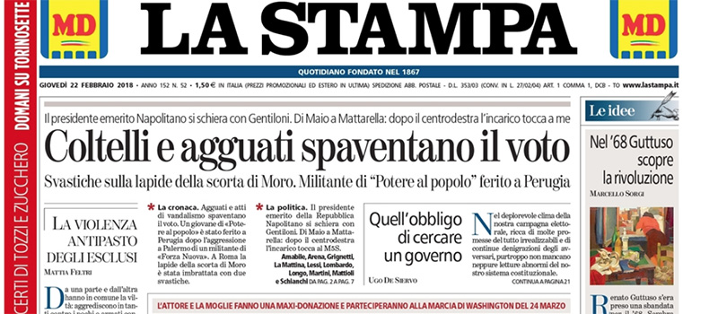 Le prime pagine dei giornali giovedì 22 febbraio 2018