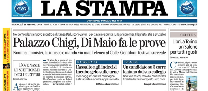 Le prime pagine dei giornali mercoledì 28 febbraio 2018