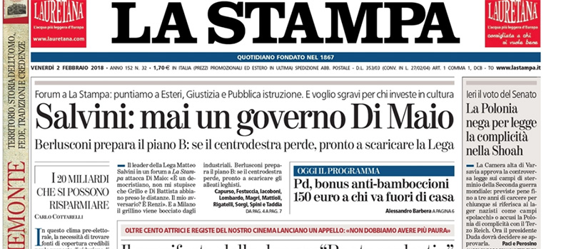 Le prime pagine dei giornali venerdì 2 febbraio 2018