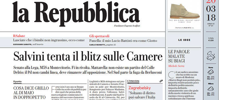Le prime pagine dei giornali martedì 20 marzo 2018