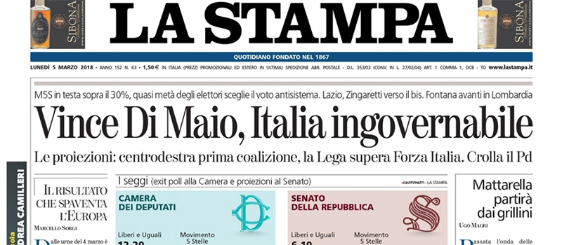 Le prime pagine dei giornali lunedì 5 marzo 2018