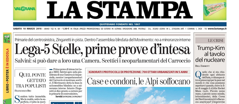 Le prime pagine dei giornali sabato 10 marzo 2018