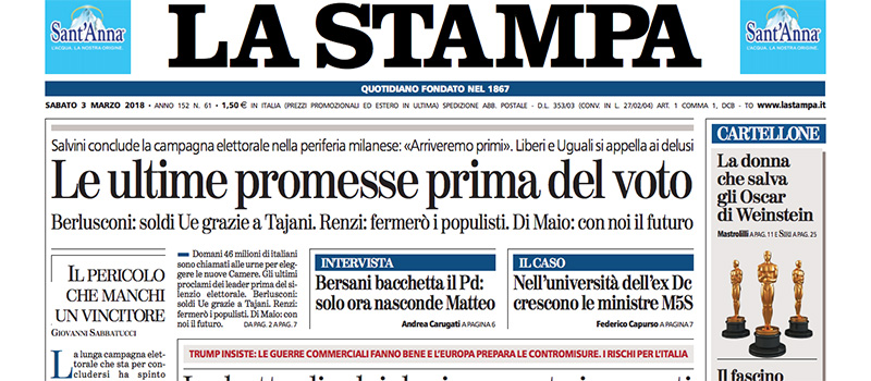 Le prime pagine dei giornali sabato 3 marzo 2018