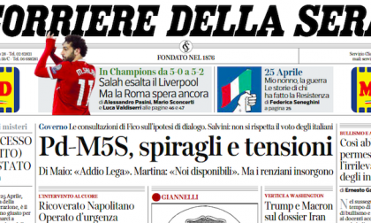 Le prime pagine dei giornali mercoledì 25 aprile 2018