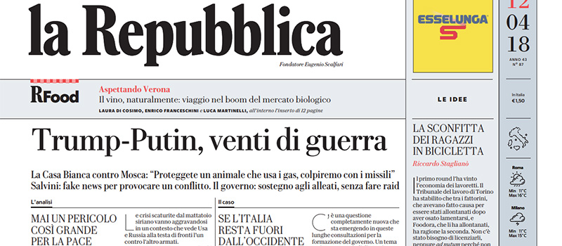Le prime pagine dei giornali giovedì 12 aprile 2018