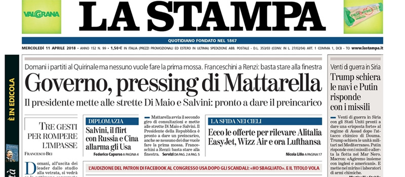 Le prime pagine dei giornali mercoledì 11 aprile 2018
