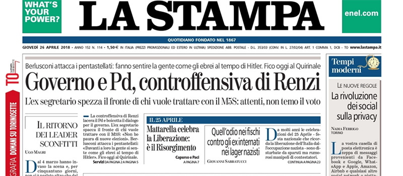 Le prime pagine dei giornali giovedì 26 aprile 2018