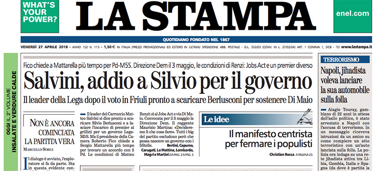 Le prime pagine dei giornali venerdì 27 aprile 2018