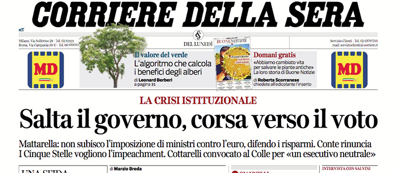 Le prime pagine dei giornali lunedì 28 maggio 2018