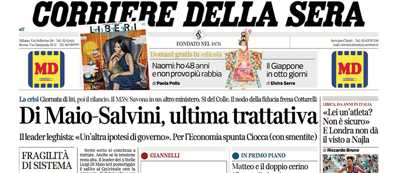 Le prime pagine dei giornali giovedì 31 maggio 2018