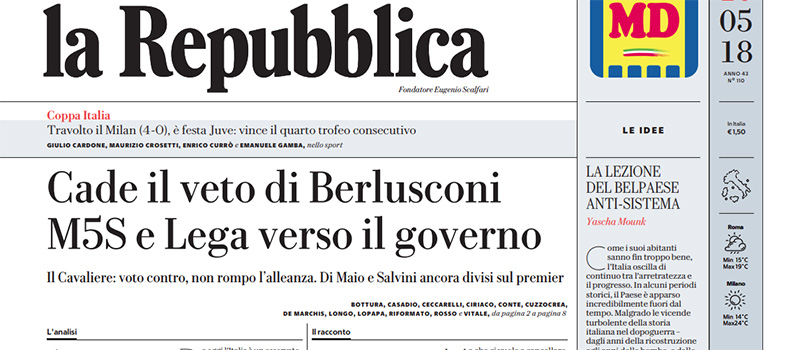 Le prime pagine dei giornali giovedì 10 maggio 2018