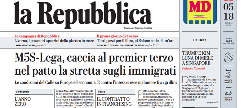 Le prime pagine dei giornali venerdì 11 maggio 2018