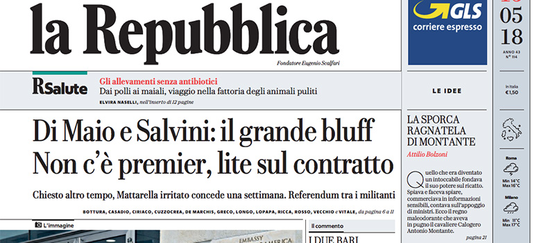 Le prime pagine dei giornali martedì 15 maggio 2018