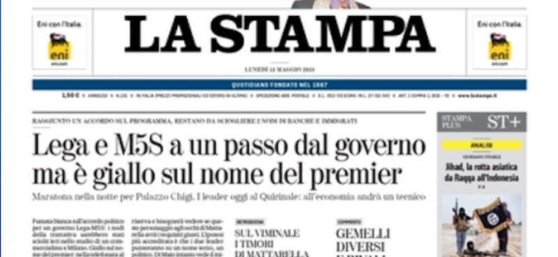 Le prime pagine dei giornali lunedì 14 maggio 2018