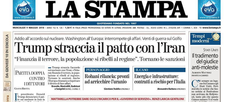 Le prime pagine dei giornali mercoledì 9 maggio 2018