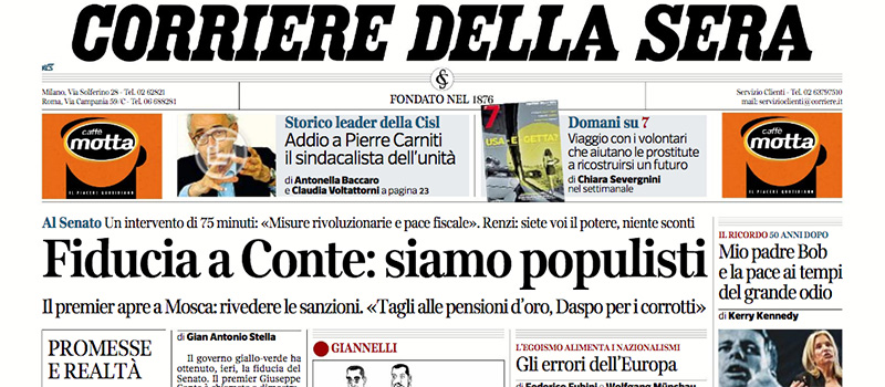 Le prime pagine dei giornali mercoledì 6 giugno 2018