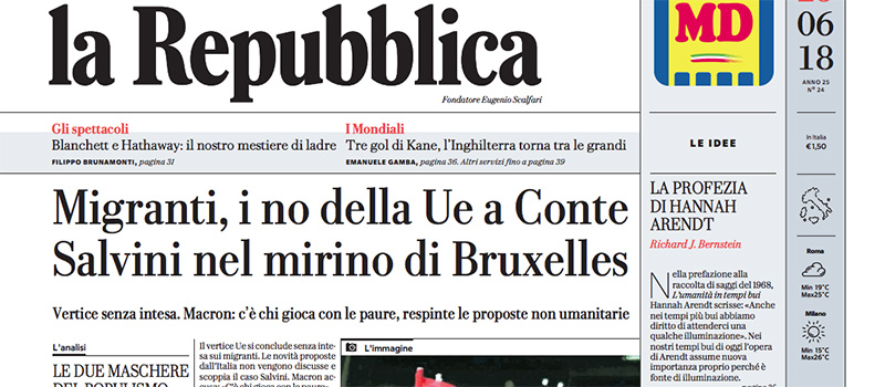 Le prime pagine dei giornali lunedì 25 giugno 2018