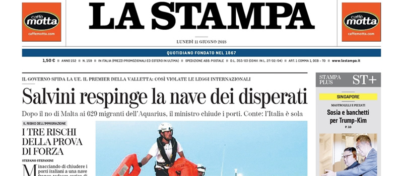 Le prime pagine dei giornali lunedì 11 giugno 2018
