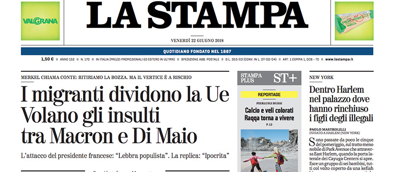 Le prime pagine dei giornali venerdì 22 giugno 2018