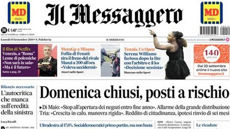 Le prime pagine dei giornali lunedì 10 settembre 2018