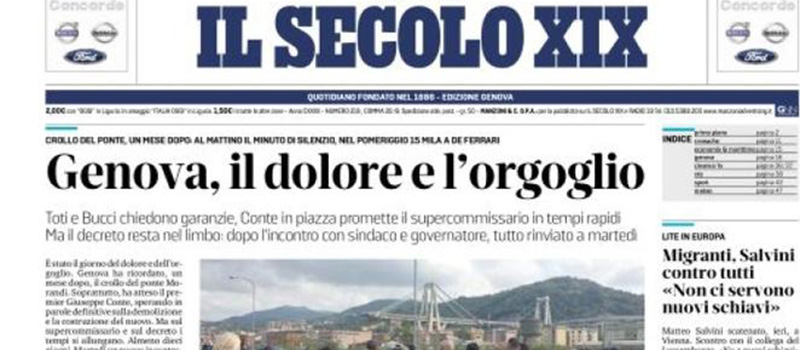 Le prime pagine dei giornali sabato 15 settembre 2018