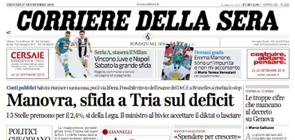 Le prime pagine dei giornali giovedì 27 settembre 2018
