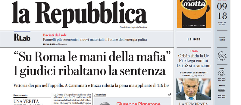 Le prime pagine dei giornali mercoledì 12 settembre 2018