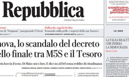 Le prime pagine dei giornali mercoledì 26 settembre 2018