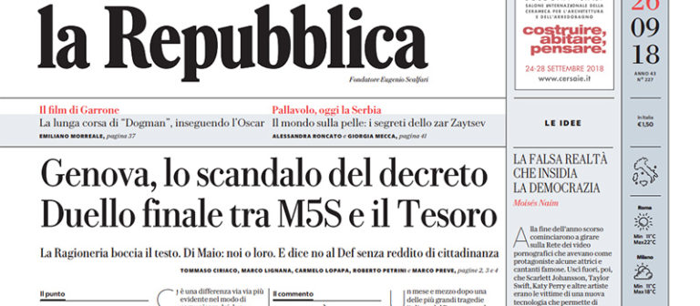 Le prime pagine dei giornali mercoledì 26 settembre 2018