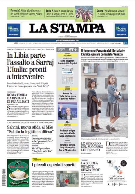 Le prime pagine dei giornali lunedì 3 settembre 2018