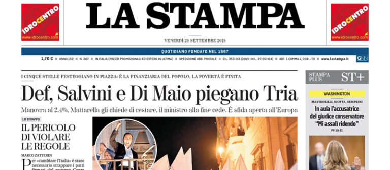 Le prime pagine dei giornali venerdì 28 settembre 2018