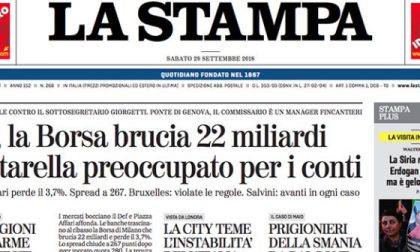 Le prime pagine dei giornali sabato 29 settembre 2018