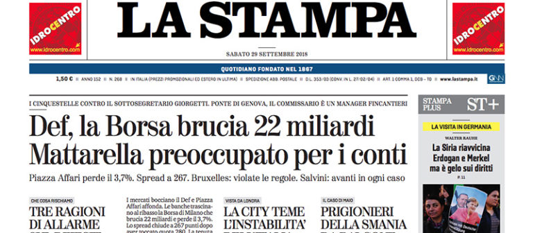 Le prime pagine dei giornali sabato 29 settembre 2018