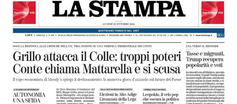 Le prime pagine dei giornali lunedì 22 ottobre 2018