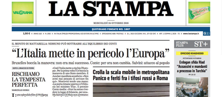 Le prime pagine dei giornali mercoledì 24 ottobre 2018