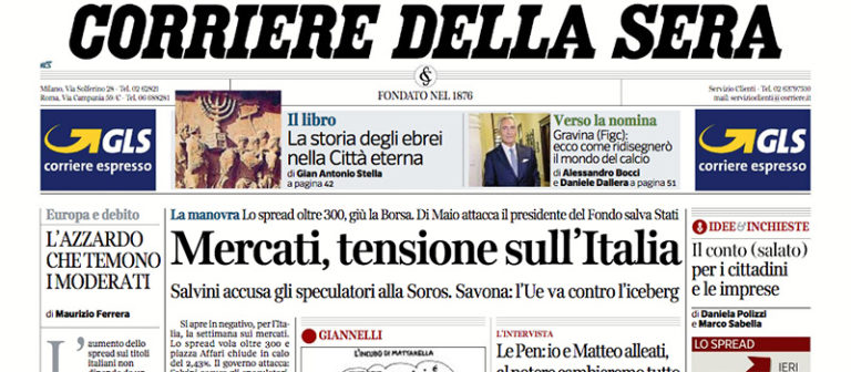 Le prime pagine dei giornali martedì 9 ottobre 2018
