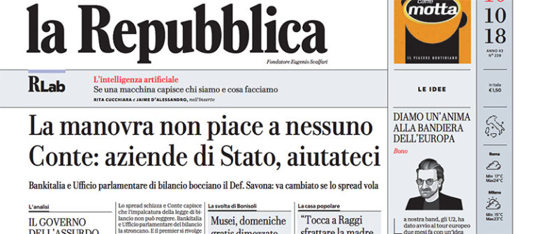 Le prime pagine dei giornali mercoledì 10 ottobre 2018