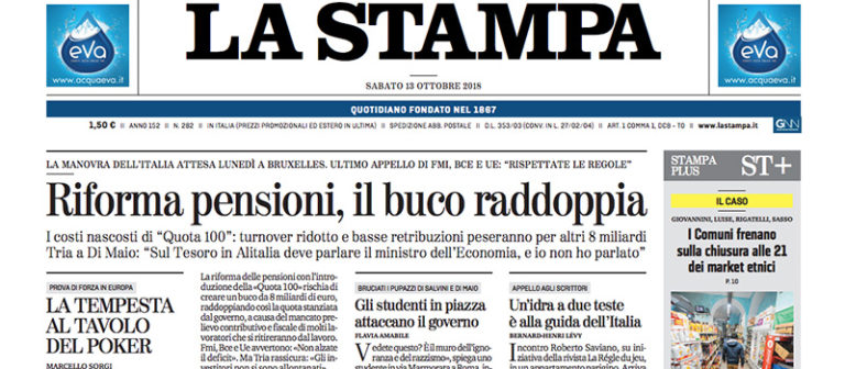 Le prime pagine dei giornali sabato 13 ottobre 2018