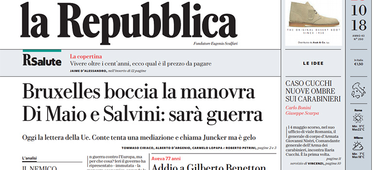 Le prime pagine dei giornali martedì 23 ottobre 2018