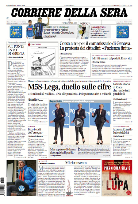 Le prime pagine dei giornali giovedì 4 ottobre 2018