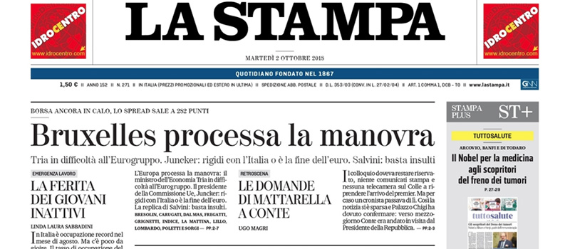 Le prime pagine dei giornali 2 ottobre 2018