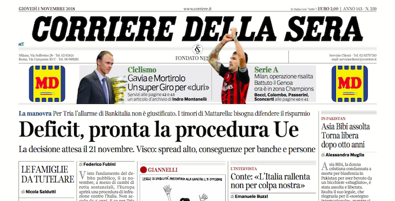 Le prime pagine dei giornali giovedì 1 novembre 2018