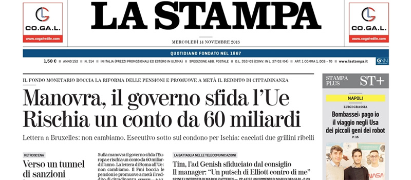 Le prime pagine dei giornali mercoledì 14 novembre 2018
