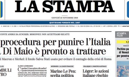 Le prime pagine dei giornali giovedì 22 novembre 2018