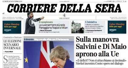 Le prime pagine dei giornali lunedì 26 novembre 2018