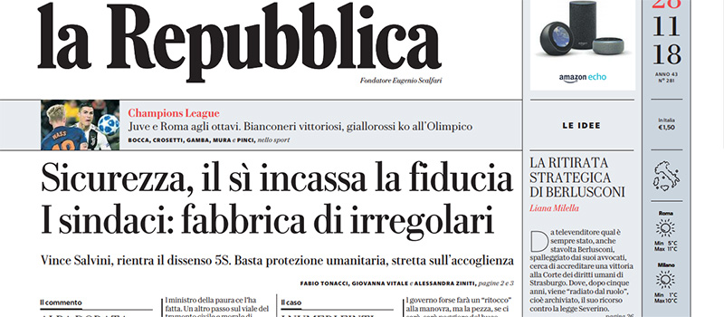 Le prime pagine dei giornali mercoledì 28 novembre 2018